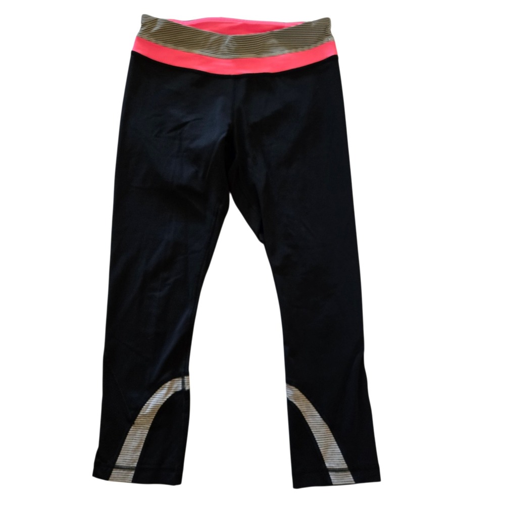 Lululemon Black Neon Pink Striped Crop Running Leggings Zipper Pocket Size 6